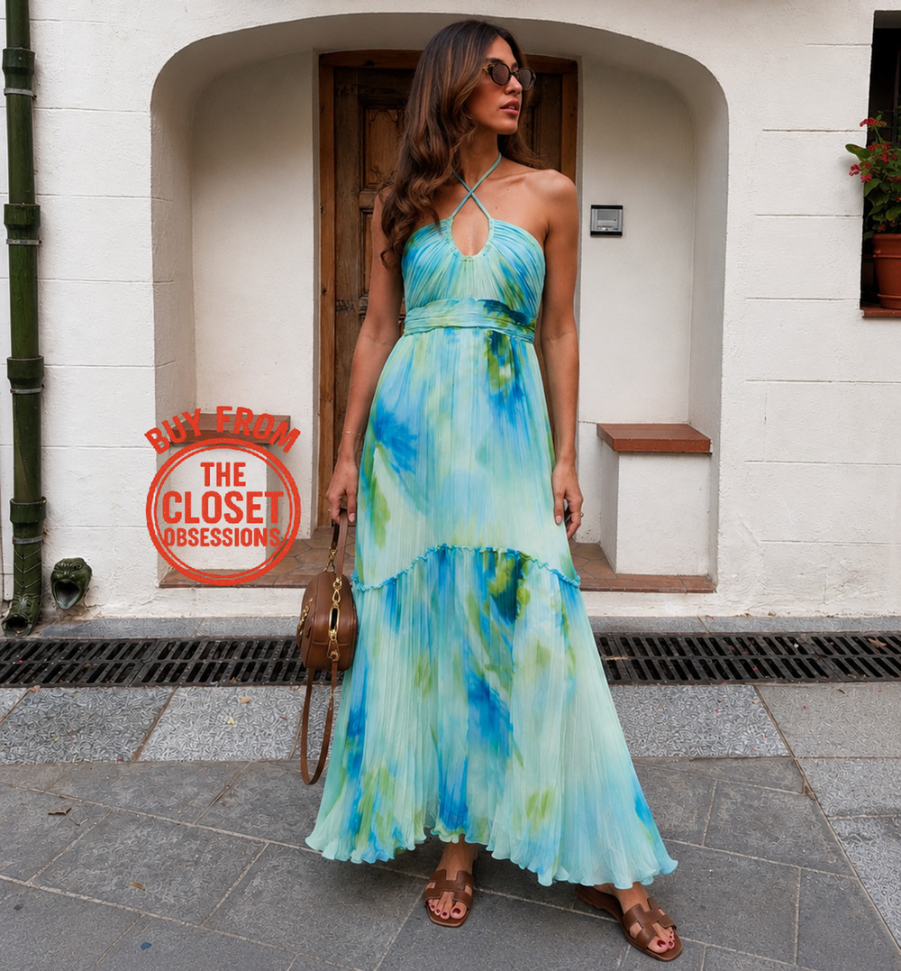 Mango NWT Blue Watercolor Halter Pleated Maxi Dress 6 8
